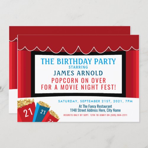 Movie Night Fest Popcorn Cinema Birthday Party Invitation