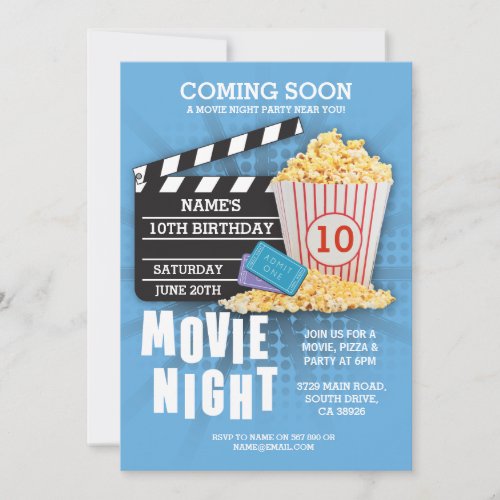 Movie Night Film Cinema Birthday Party Blue Invite