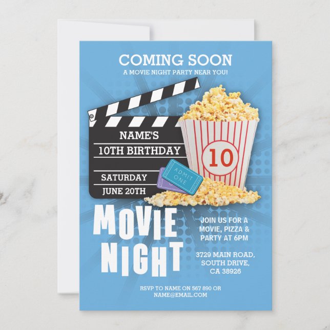 Movie Night Film Cinema Birthday Party Blue Invite (Front)
