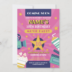 Movie Night Film Cinema Birthday Party Girls Pink Invitation