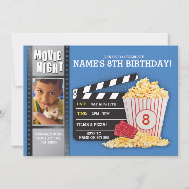 Movie Night Film Cinema Birthday Party Photo Invitation | Zazzle