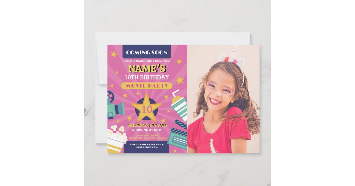 Movie Night Film Cinema Birthday Party Photo Pink Invitation | Zazzle