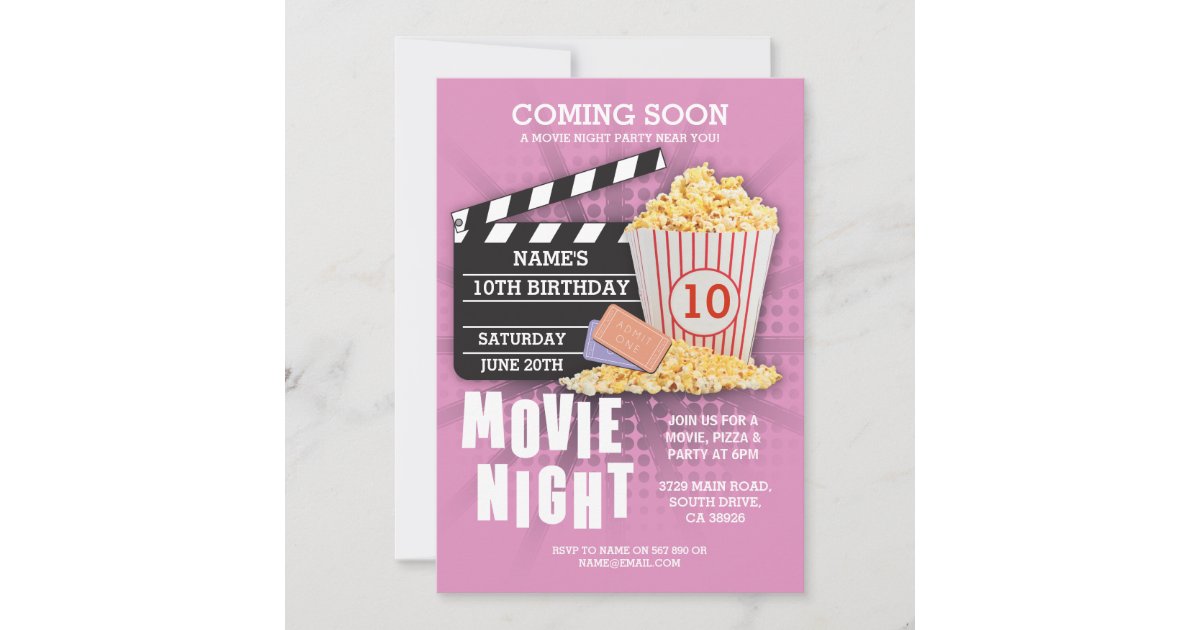 Movie Night Film Cinema Birthday Party Pink Invite | Zazzle