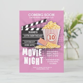 Movie Night Film Cinema Birthday Party Pink Invite 