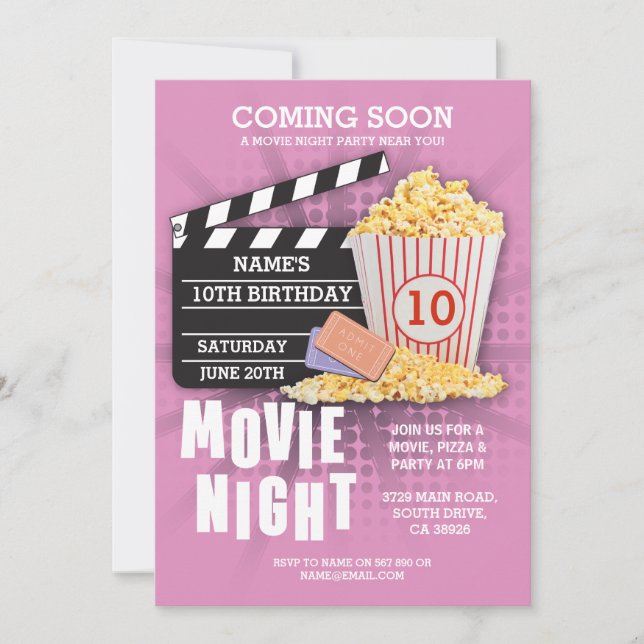 Movie Night Film Cinema Birthday Party Pink Invite (Front)