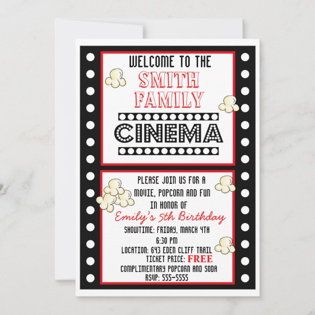 Movie Night Film Strip Popcorn Birthday Invitation (Front)