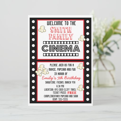 Movie Night Film Strip Popcorn Birthday Invitation | Zazzle