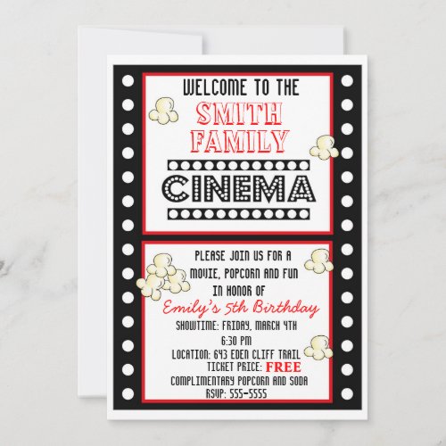 Movie Night Film Strip Popcorn Birthday Invitation