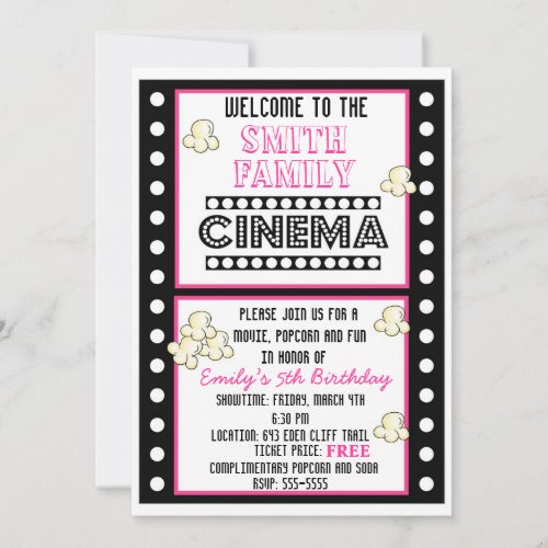 Movie Night Film Strip Popcorn Birthday Invitation