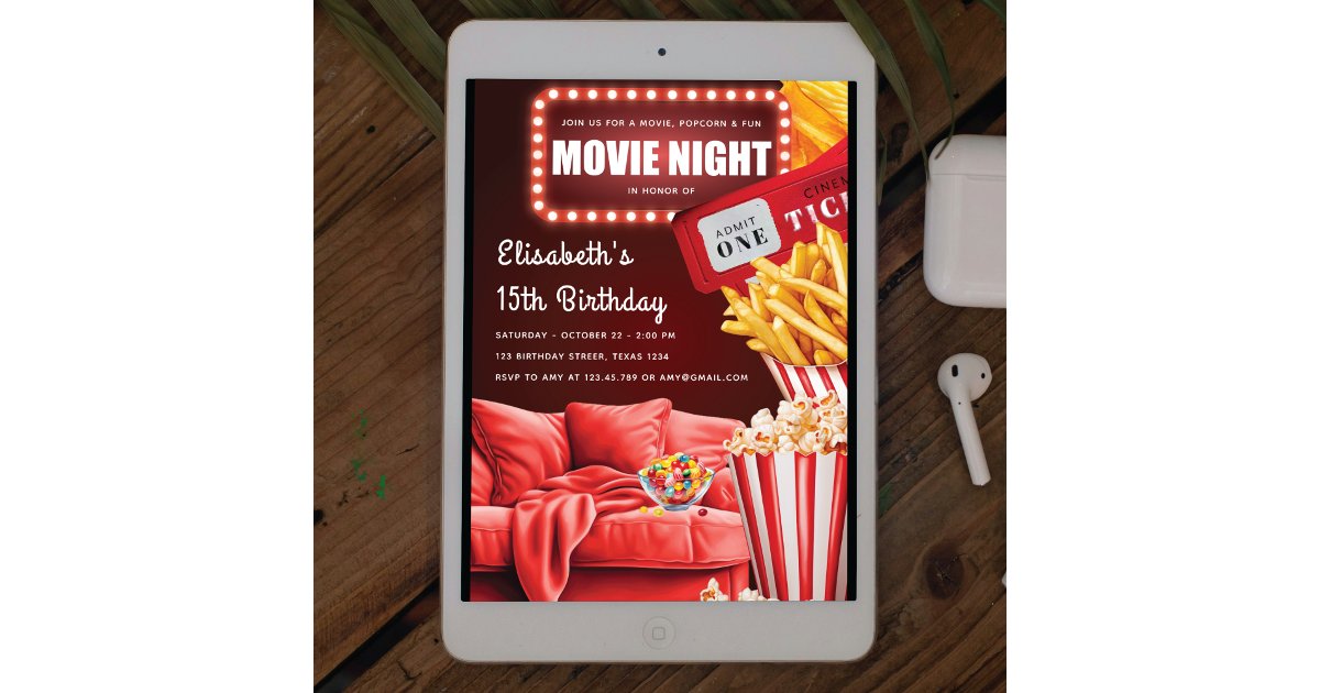 Movie Night Fun Modern Red Birthday Invitation | Zazzle