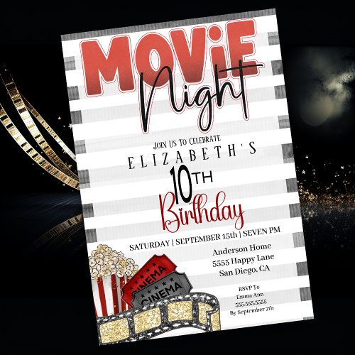 Movie Night Girls 10th Birthday  Invitation