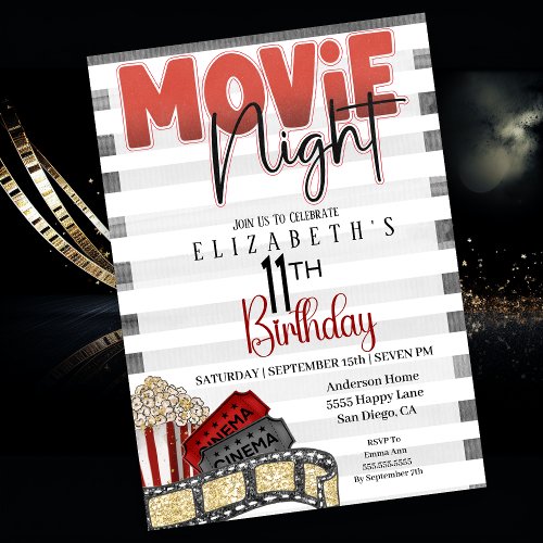 Movie Night Girls 11th Birthday  Invitation