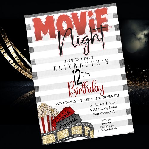 Movie Night Girls 12th Birthday  Invitation