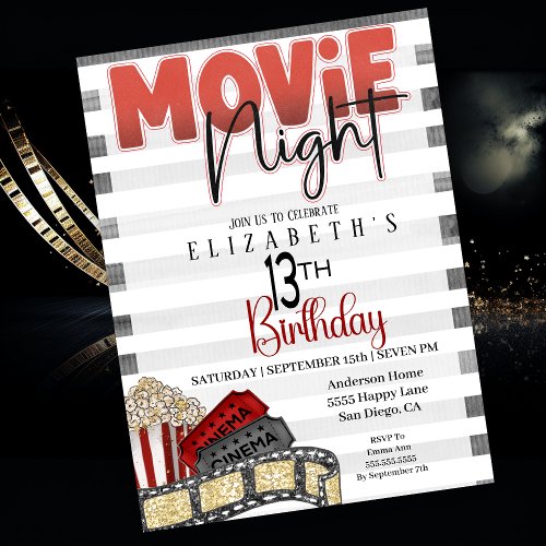 Movie Night Girls 13th Birthday  Invitation