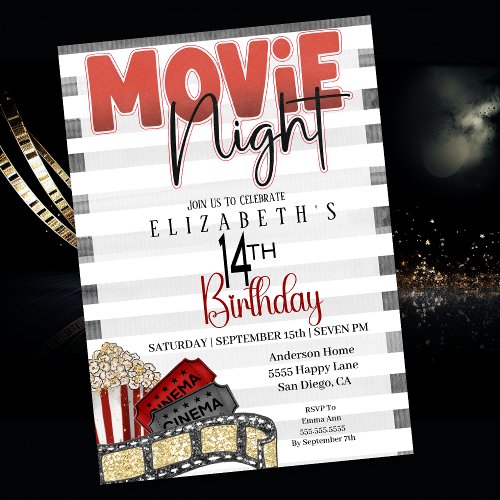 Movie Night Girls 14th Birthday  Invitation