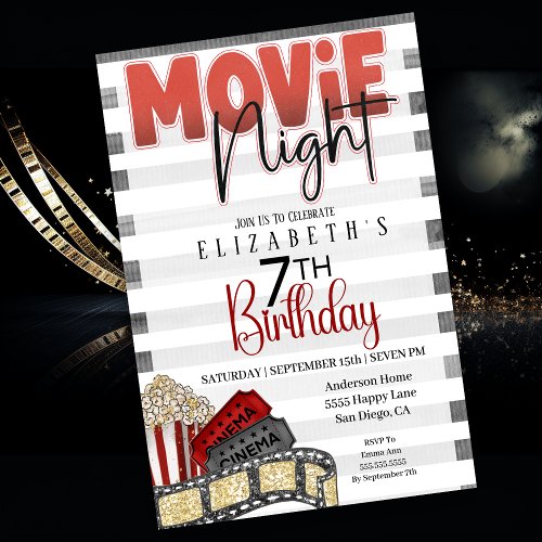 Movie Night Girls 7th Birthday  Invitation