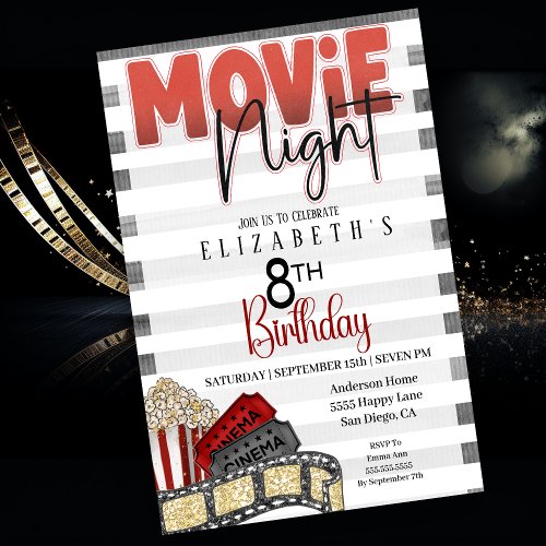 Movie Night Girls 8th Birthday  Invitation