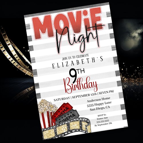 Movie Night Girls 9th Birthday  Invitation