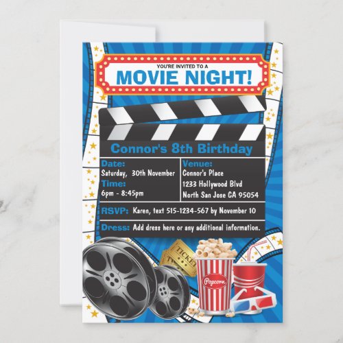 Movie Night Hollywood Birthday Party Invitation