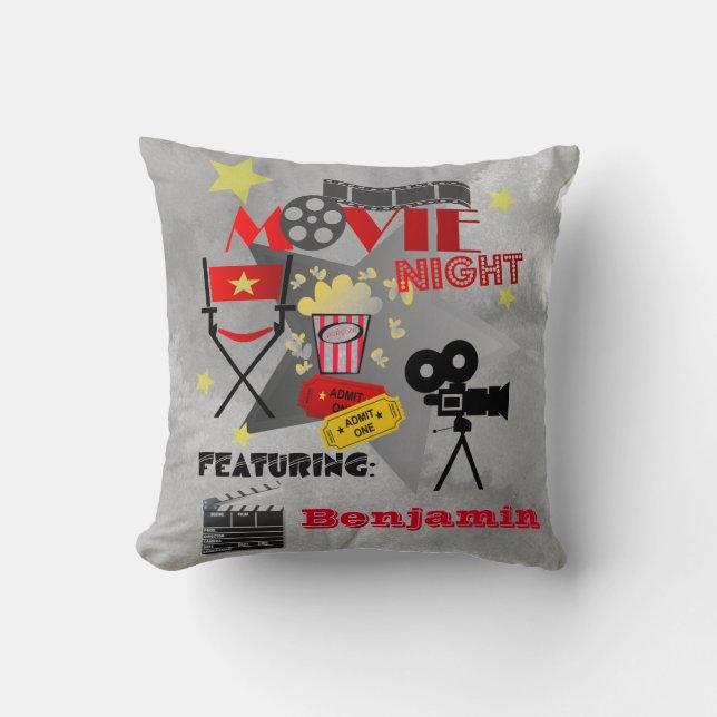 Movie Night Home Theater Design with Name Throw Pillow (Front)