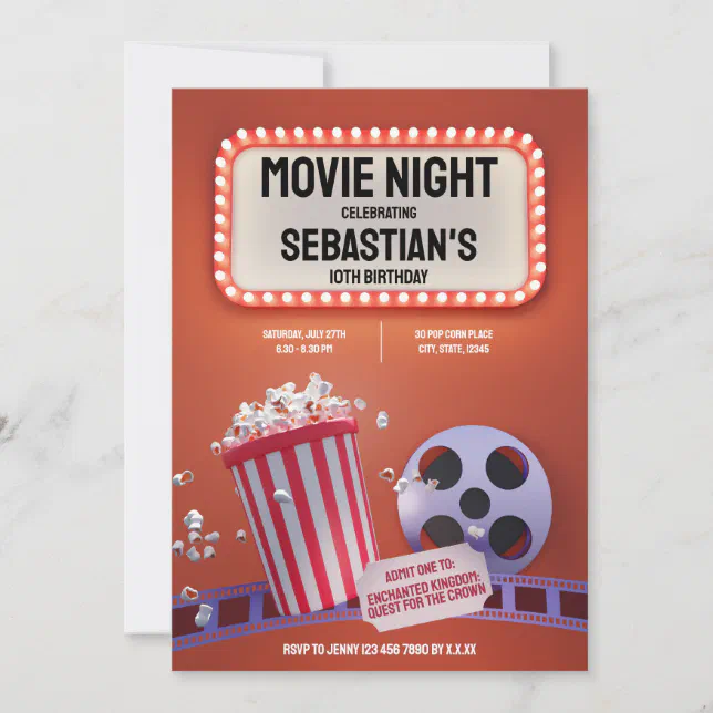 Movie Night Kids Birthday Party Invitation | Zazzle