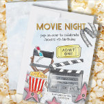 Movie Night Kids Birthday Party Invitation<br><div class="desc">Movie Night kids birthday invitation - perfect for a kids birthday or backyard movie night just for the fun of being outdoors! The design is packed with cinema themed illustrations; walk of fame stars, admit one cinema ticket, clapperboard, film strip, directors chair, popcorn, movie glasses and theatre style typography. The...</div>