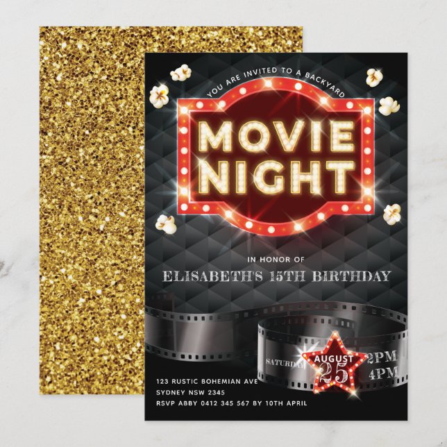 Movie Night Luxury Gold Glitter Invitation (Front/Back)