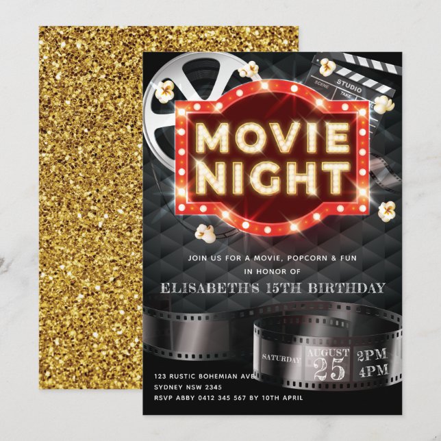 Movie Night Luxury Gold Glitter Invitation (Front/Back)