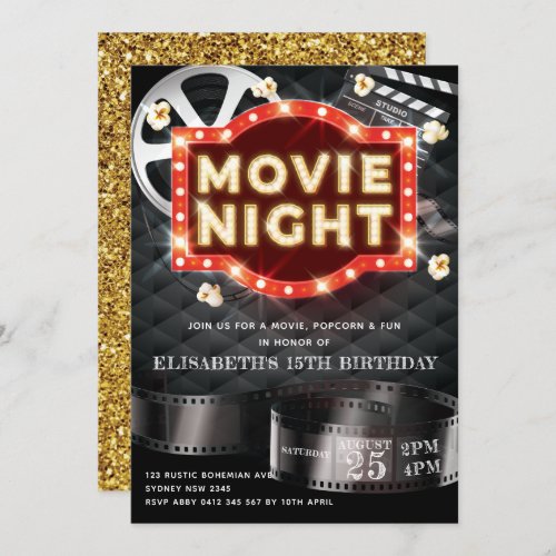 Movie Night Luxury Gold Glitter Invitation