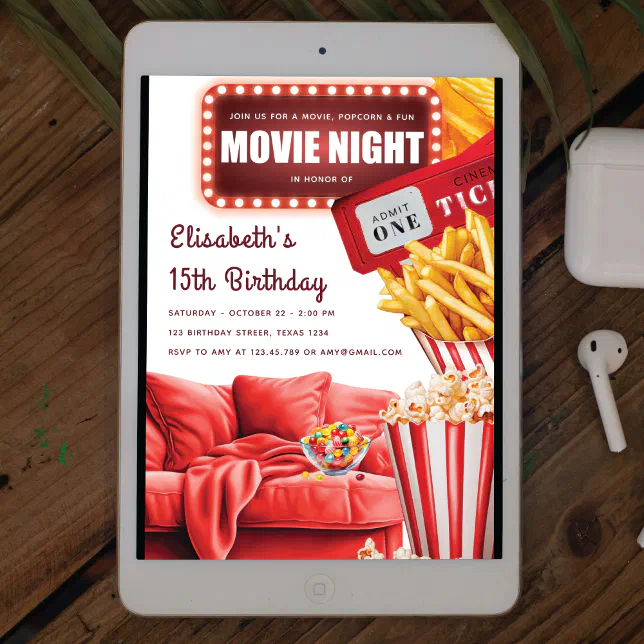 Movie Night Modern Red Birthday Invitation | Zazzle