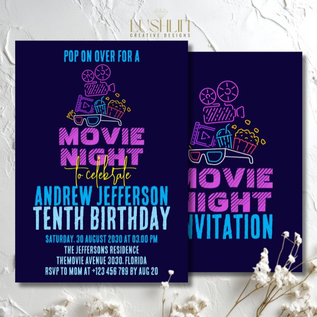 Movie Night Neon Birthday Glow Party Cinema Invitation (Creator Uploaded)