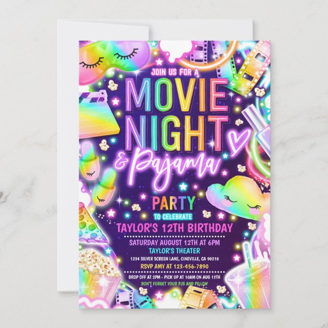 Movie Night Pajama Neon Rainbow Birthday Party Invitation (Front)