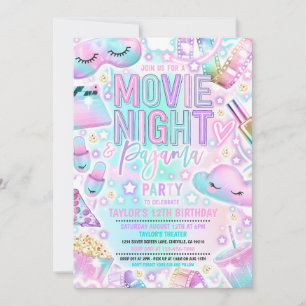 Movie Night Pajama Pastel Rainbow Birthday Party Invitation