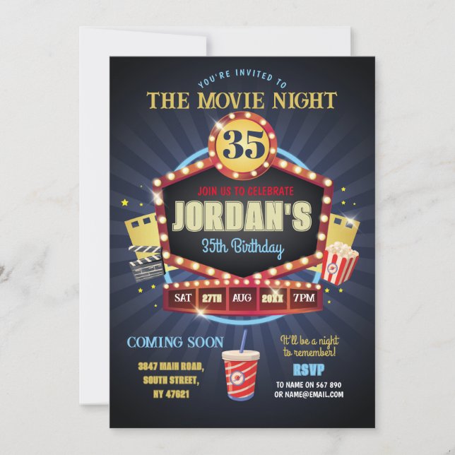 Movie Night Party Birthday Popcorn Film  Invitation (Front)