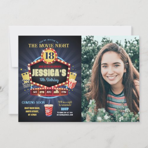 Movie Night Party Birthday Popcorn Film Photo Invitation