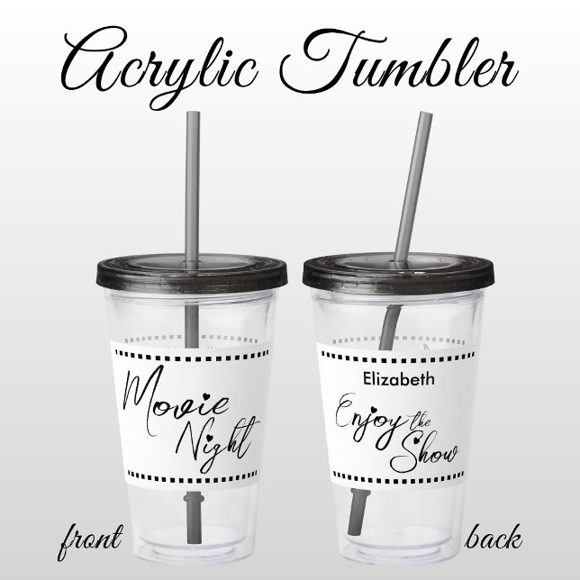 Movie night personalized name white black acrylic tumbler (Creator Uploaded)