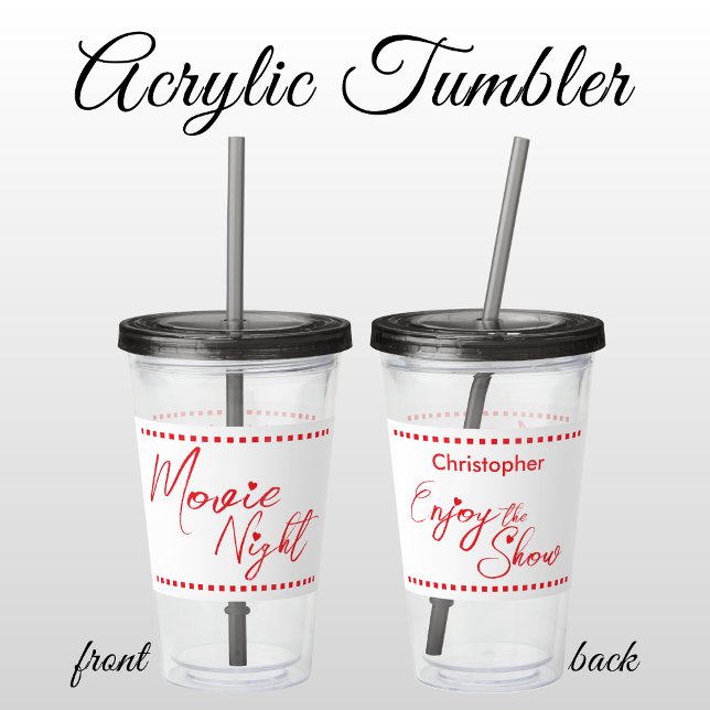Movie night personalized name white red acrylic tumbler (Creator Uploaded)