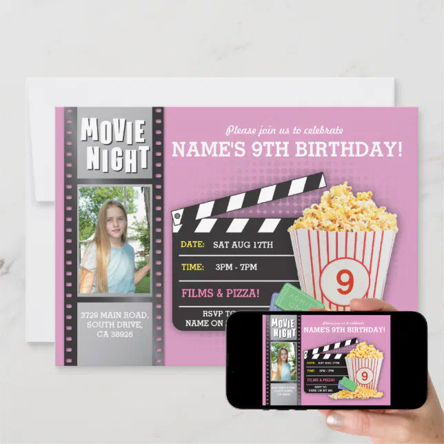 Movie Night Pink Cinema Birthday Party Photo Invitation | Zazzle