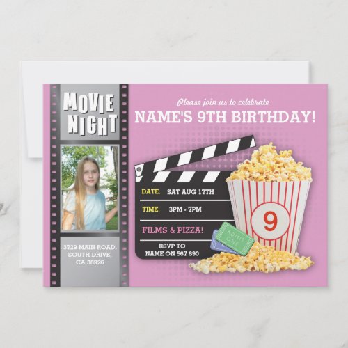 Movie Night Pink Cinema Birthday Party Photo Invitation