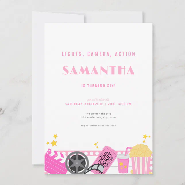 Movie Night Pink Movie Theater Birthday Invitation | Zazzle