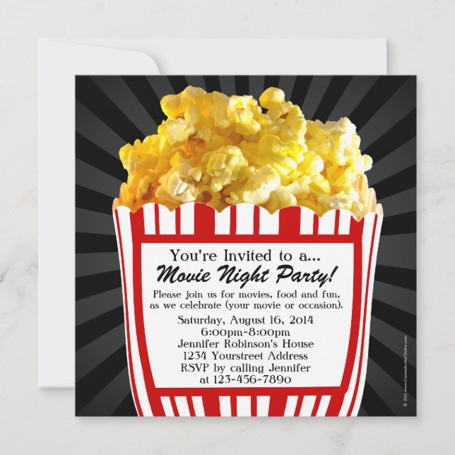 Movie Night Popcorn Custom Party Invitations, Sq. Invitation (Front)
