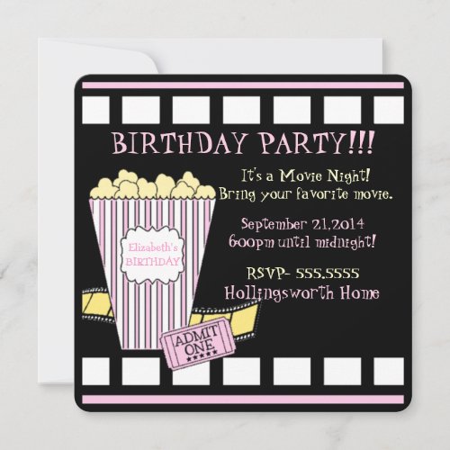 Movie Night Popcorn Film Strip Pink Girls Party Invitation