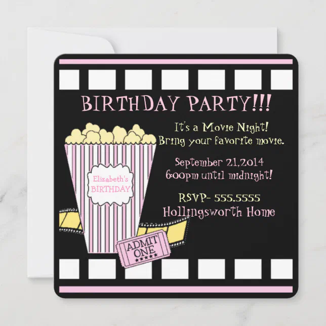 Movie Night Popcorn Film Strip Pink Girls Party Invitation | Zazzle