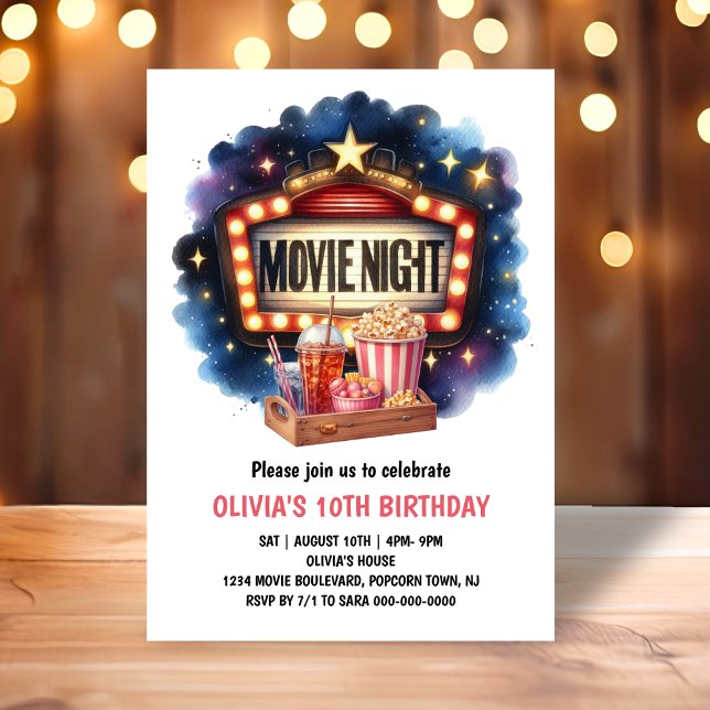 Movie Night Popcorn Kids Birthday Invitation (Creator Uploaded)