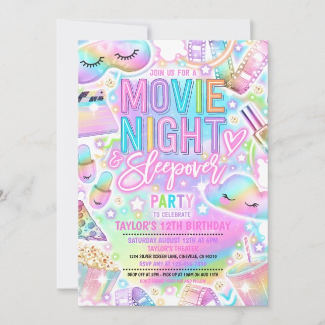 Movie Night Sleepover Pastel Rainbow Birthday  Invitation (Front)