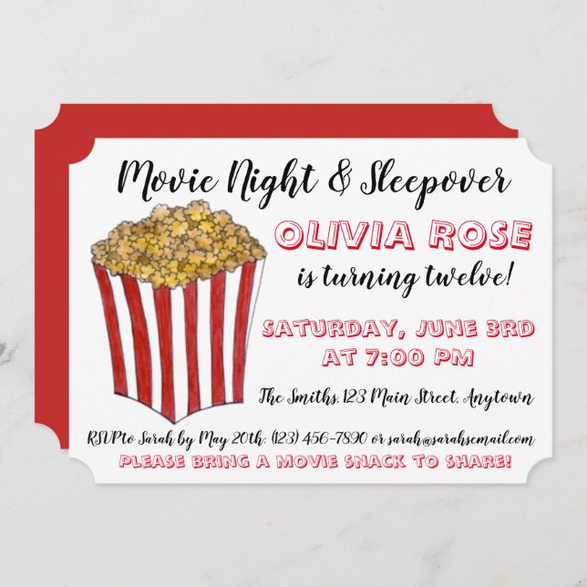 Movie Night Sleepover Popcorn Birthday Party Red Invitation (Front/Back)