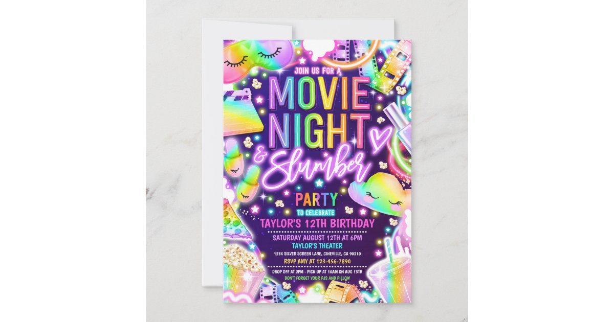 Movie Night Slumber Party Neon Rainbow Birthday Invitation | Zazzle