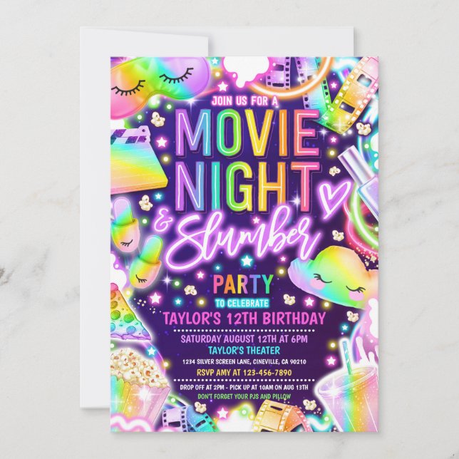 Movie Night Slumber Party Neon Rainbow Birthday  Invitation (Front)