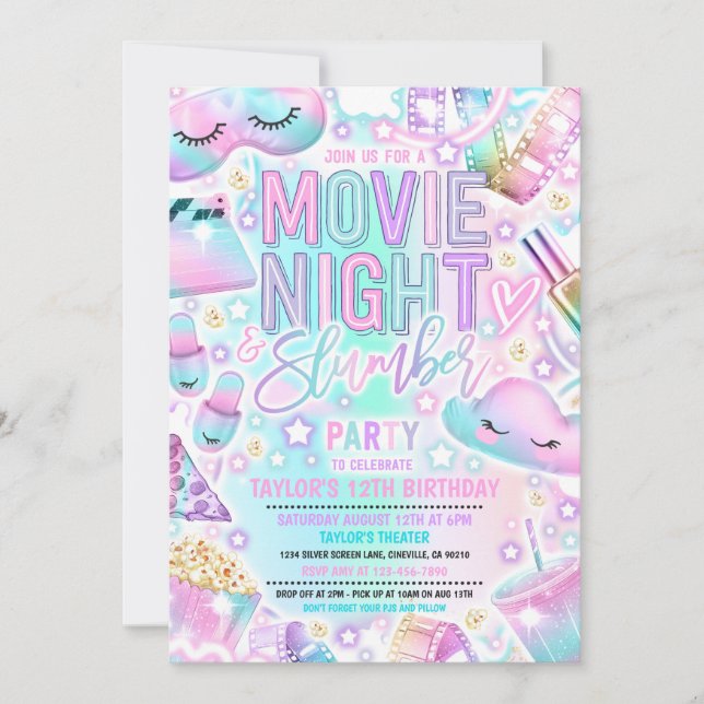 Movie Night Slumber Party Pastel Rainbow Birthday  Invitation (Front)