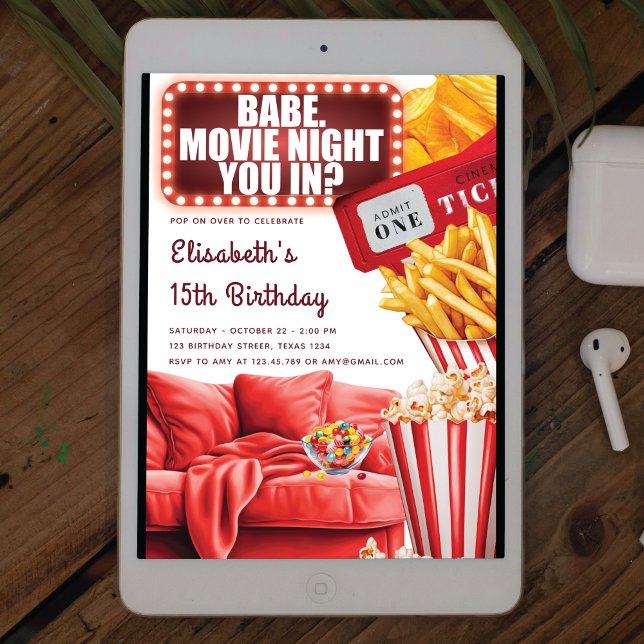 Movie Night Teenage Girl Birthday Invitation (Creator Uploaded)